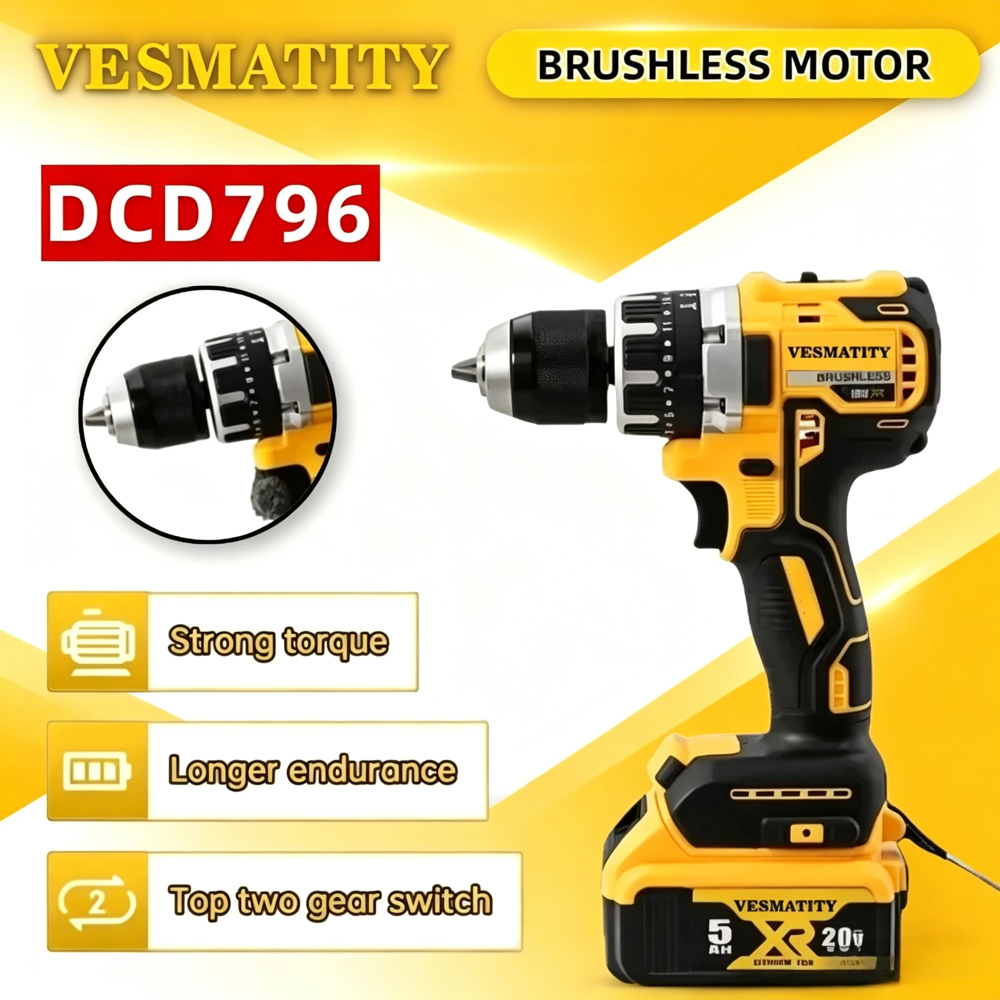 Woodworking Essential Tools - DCD796 브러시리스 임팩트 전동 드릴 다기능